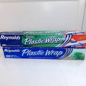 Vintage Reynolds Plastic Wrap Green set 2 boxes/rolls cling film ez slide cutter